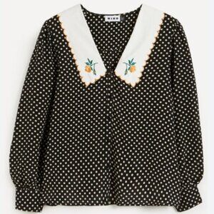 RIXO Lila 100% Silk Polka Dot Floral Embroidered Bib Collar Blouse Cottage Sz S